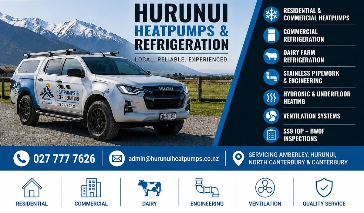 Hurunui Heatpumps and Refrigeration branded flyer showing the signwritten work ute, service list and contact details